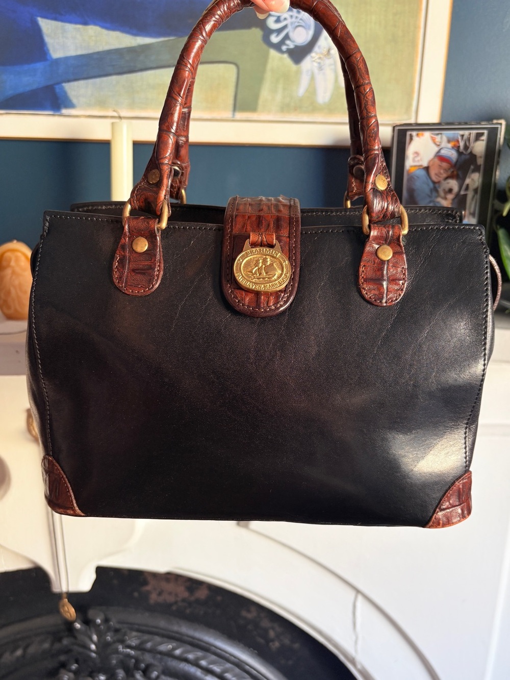 Vintage 1990s Brahmin made in U.S.A black bag with crocodile embossed leather